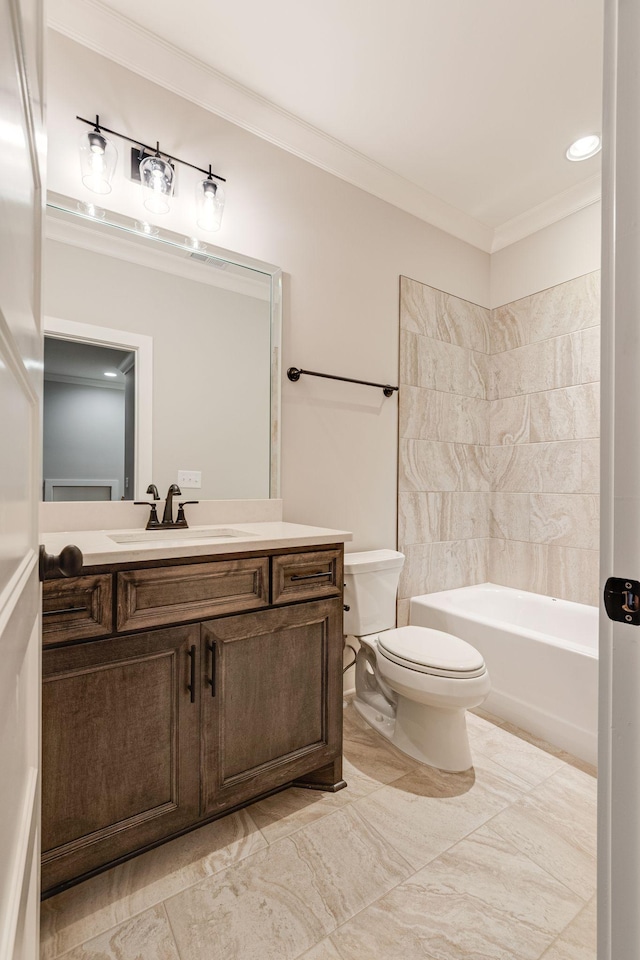 full bathroom with  shower combination, vanity, toilet, and crown molding