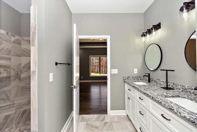 bathroom with hardwood / wood-style floors and vanity