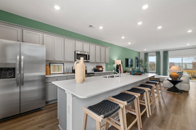 kitchen with gray cabinets, sink, an island with sink, and stainless steel appliances