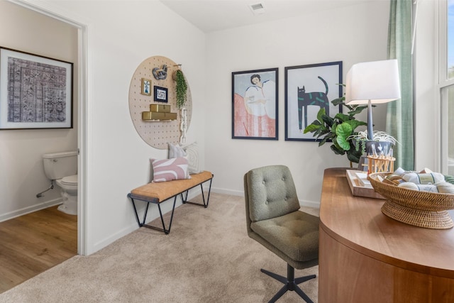 home office featuring light carpet