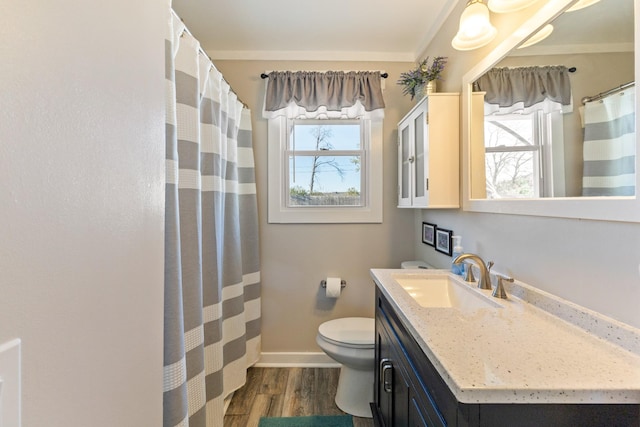 bathroom featuring a wealth of natural light, vanity, wood-type flooring, and toilet