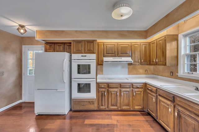 kitchen featuring crown molding, sink, dark hardwood / wood-style floors, and white appliances