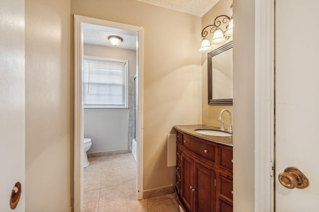 full bathroom with vanity, bathtub / shower combination, tile patterned flooring, toilet, and a textured ceiling