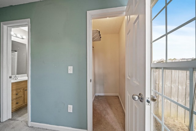 interior space with sink and light carpet