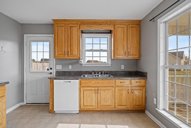 kitchen with a wealth of natural light, sink, white dishwasher, and dark stone counters