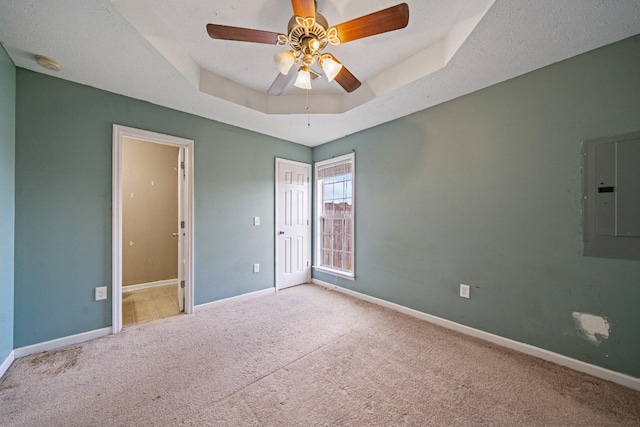 empty room featuring a raised ceiling, electric panel, and light carpet