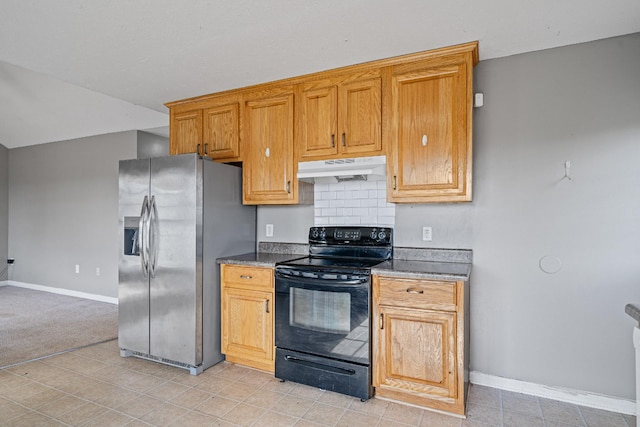 kitchen featuring light colored carpet, black range with electric stovetop, stainless steel refrigerator with ice dispenser, and tasteful backsplash