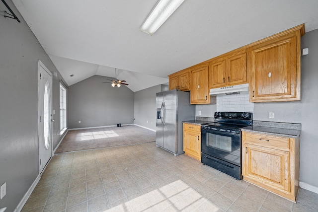 kitchen featuring ceiling fan, stainless steel fridge with ice dispenser, black range with electric stovetop, lofted ceiling, and light tile patterned flooring