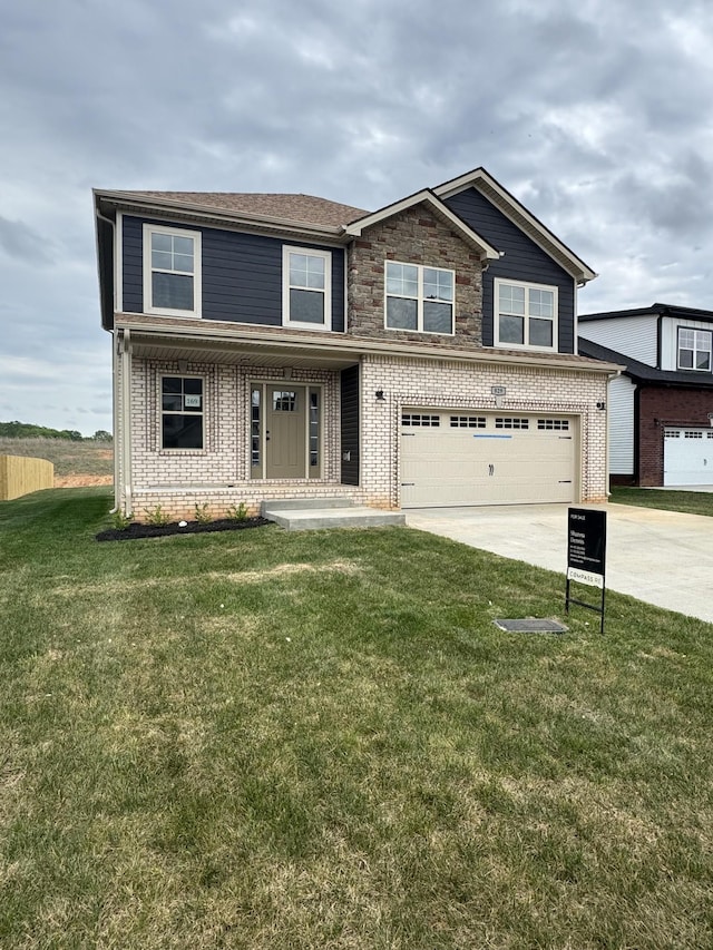 169 Anderson Pl, Clarksville, TN 37040 - view of front facade featuring an attached garage, driveway, a porch, brick siding, and a front yard