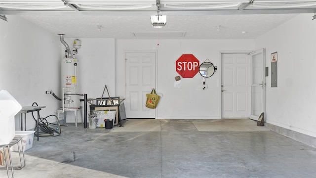 garage with a garage door opener and gas water heater