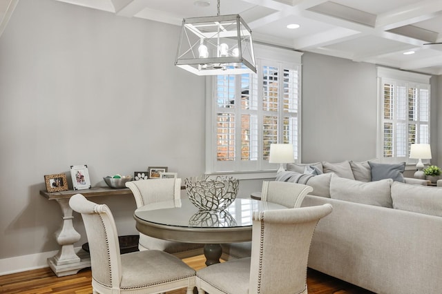 dining area with beam ceiling, wood-type flooring, and coffered ceiling