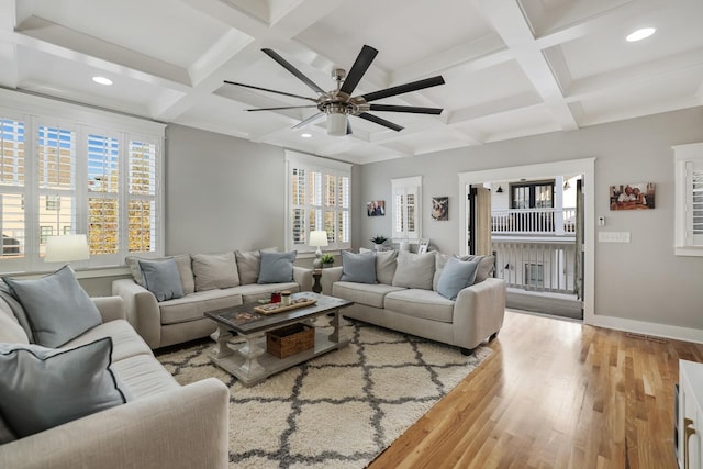 living room featuring ceiling fan, beam ceiling, wood-type flooring, and coffered ceiling