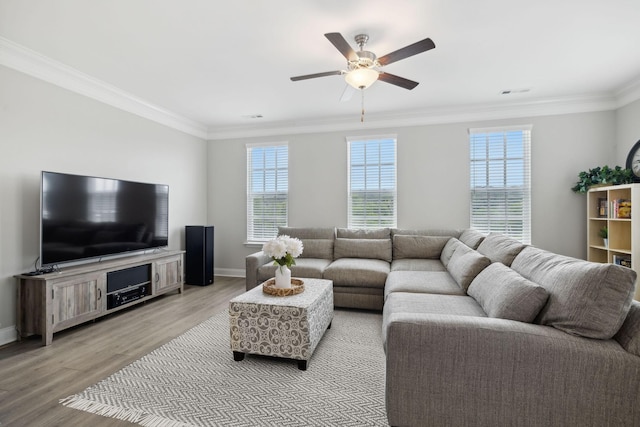 living room featuring crown molding, ceiling fan, and light hardwood / wood-style floors