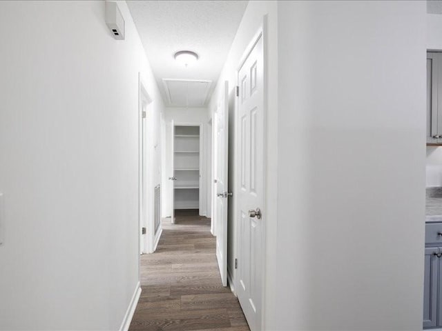 hall featuring dark hardwood / wood-style flooring and a textured ceiling