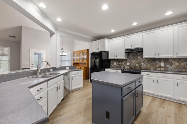 kitchen featuring gray cabinetry, crown molding, sink, light wood-type flooring, and white cabinetry