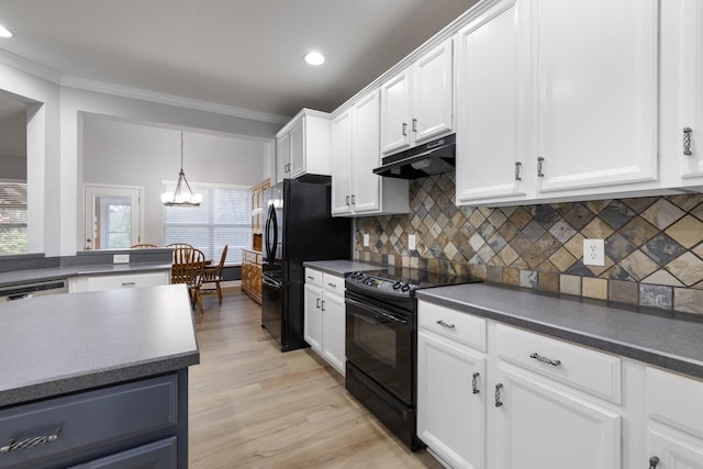 kitchen featuring white cabinetry, light hardwood / wood-style flooring, and black appliances