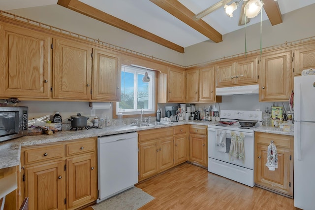 kitchen with white appliances, sink, ceiling fan, light wood-type flooring, and light brown cabinetry