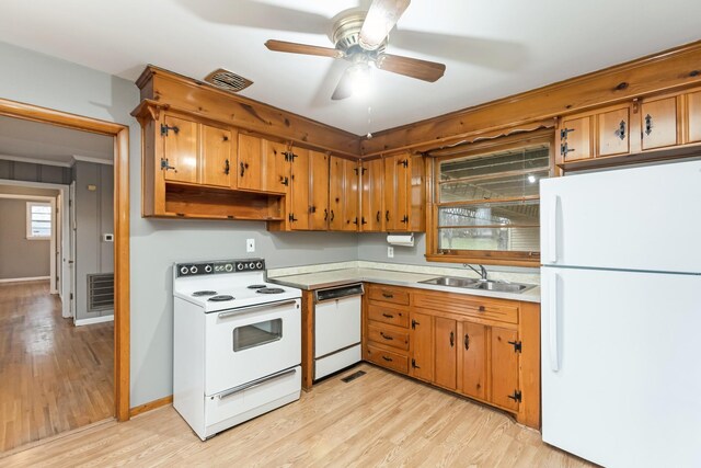 kitchen featuring ceiling fan, sink, white appliances, and light hardwood / wood-style flooring