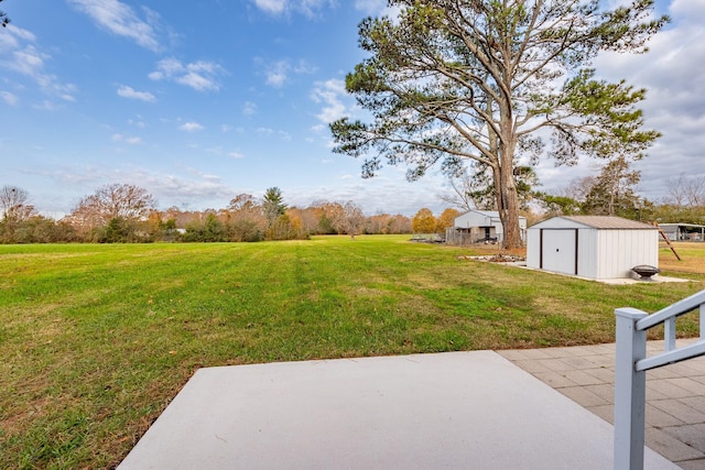 view of yard with a patio area and a shed