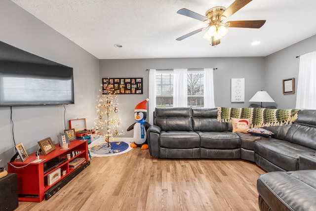 living room with a textured ceiling, light hardwood / wood-style floors, and ceiling fan