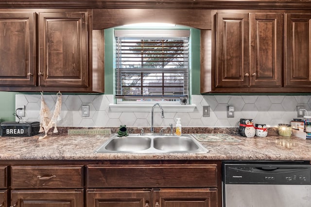 kitchen with dark brown cabinets, stainless steel dishwasher, and sink