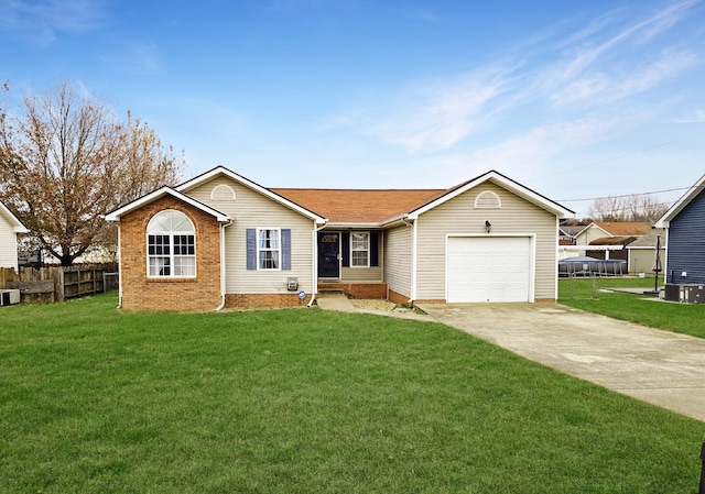 ranch-style home with a front lawn and a garage