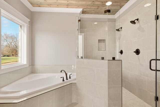 bathroom featuring a wealth of natural light, independent shower and bath, and wooden ceiling