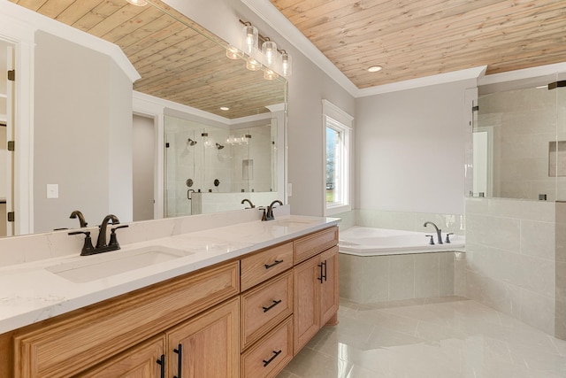 bathroom featuring tile patterned floors, ornamental molding, vanity, wooden ceiling, and shower with separate bathtub