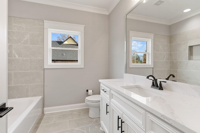 full bathroom featuring tile patterned floors, ornamental molding,  shower combination, vanity, and toilet