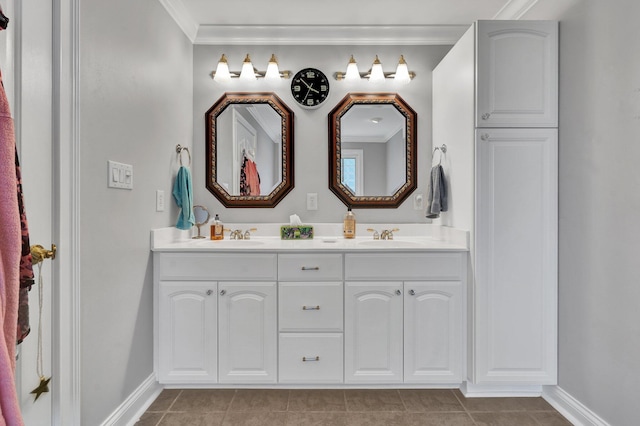 bathroom featuring vanity, tile patterned floors, and ornamental molding