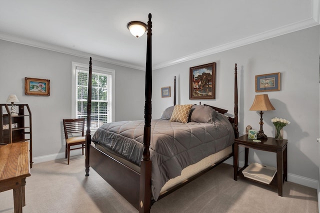 bedroom with light carpet and ornamental molding