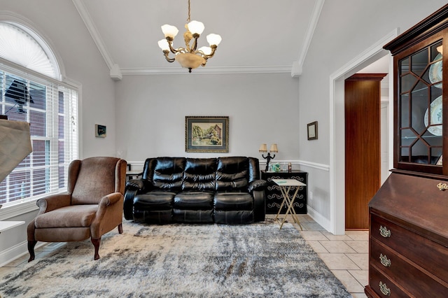 tiled living room featuring vaulted ceiling, ornamental molding, and an inviting chandelier