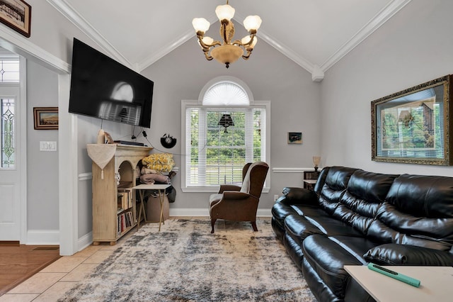 living room featuring a chandelier, vaulted ceiling, crown molding, and light tile patterned flooring