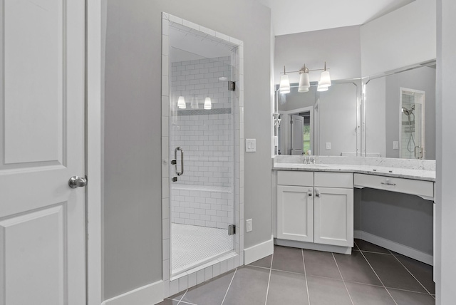 bathroom with tile patterned floors, vanity, and walk in shower