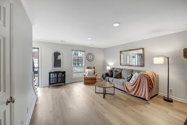 living room with light hardwood / wood-style floors and crown molding