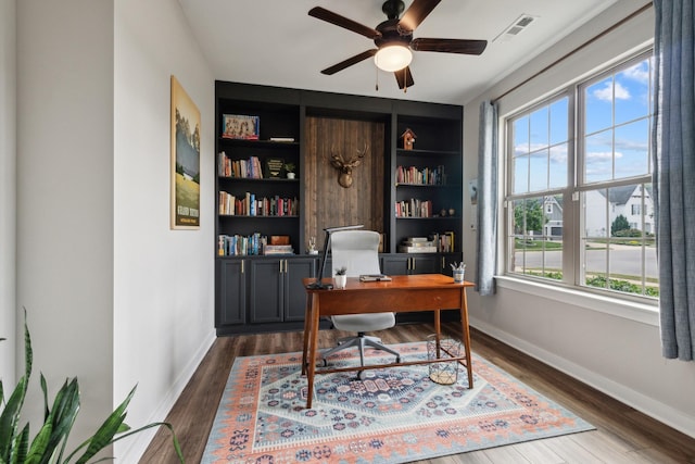 office featuring ceiling fan, dark hardwood / wood-style flooring, a healthy amount of sunlight, and built in features