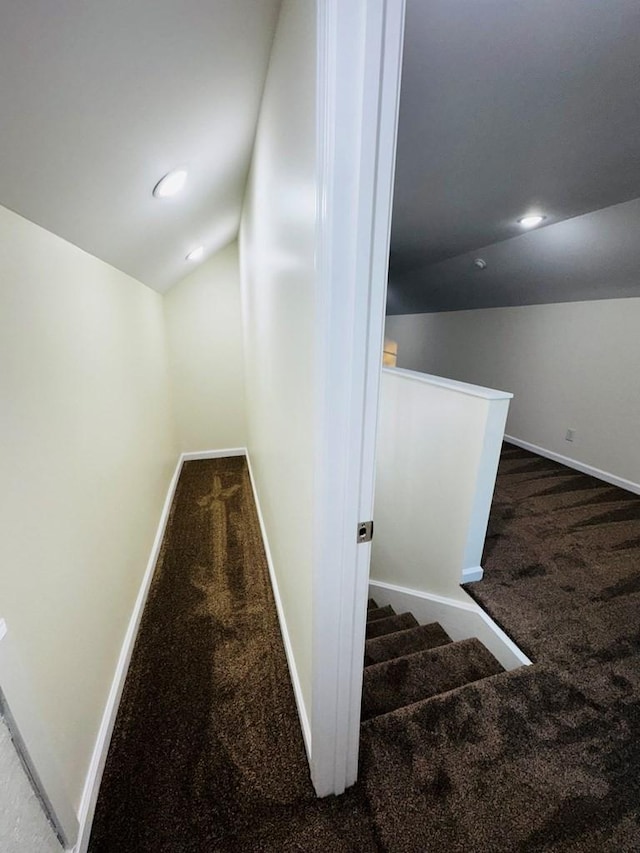 stairway with carpet flooring and vaulted ceiling