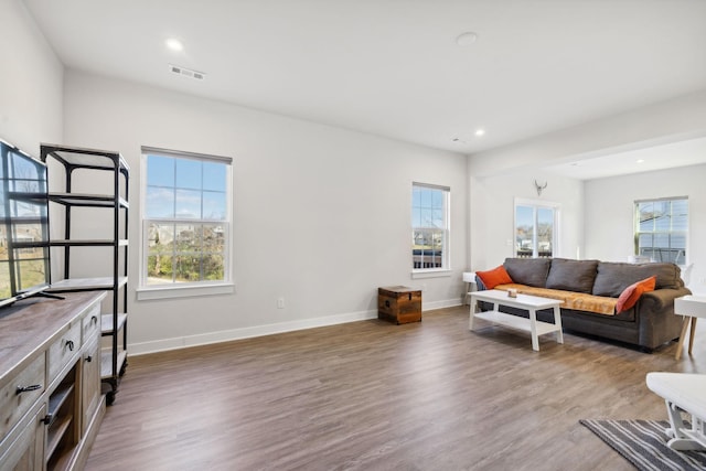 living room featuring a healthy amount of sunlight and dark hardwood / wood-style flooring