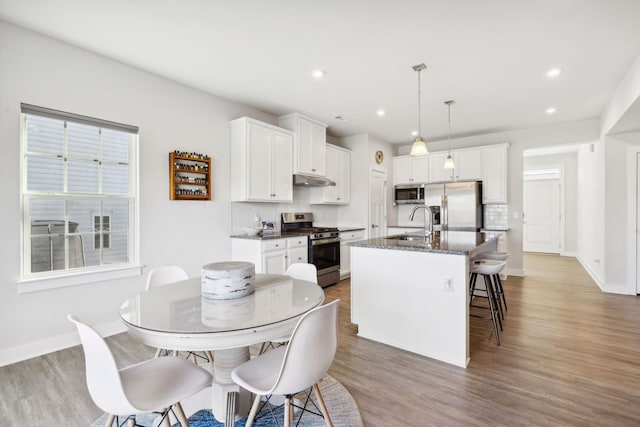 kitchen featuring stainless steel appliances, sink, pendant lighting, a center island with sink, and white cabinets