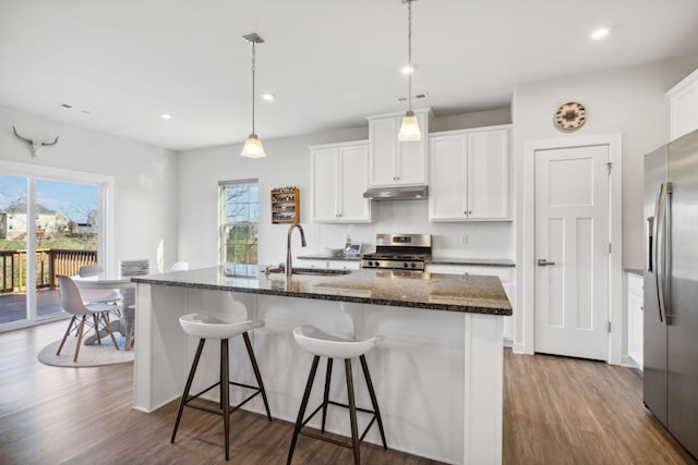 kitchen with sink, an island with sink, a healthy amount of sunlight, and appliances with stainless steel finishes