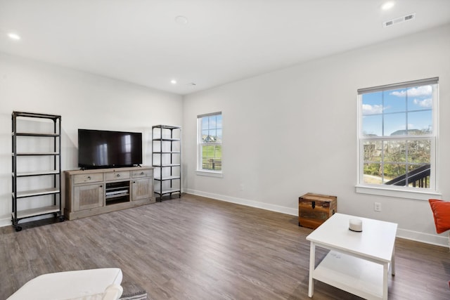 living room featuring a healthy amount of sunlight and dark wood-type flooring