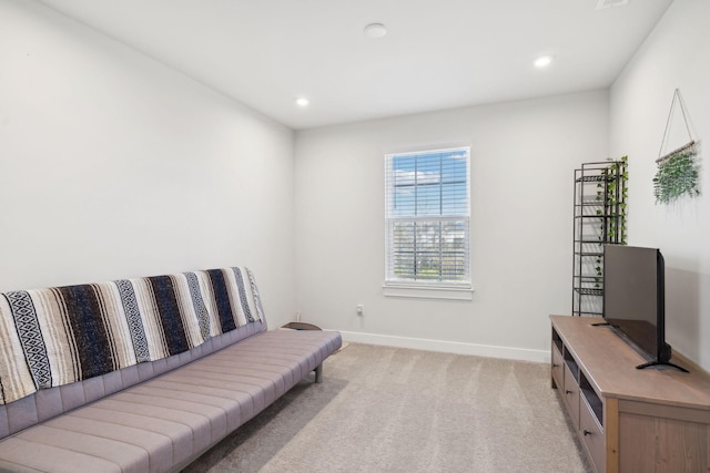 living area with light colored carpet