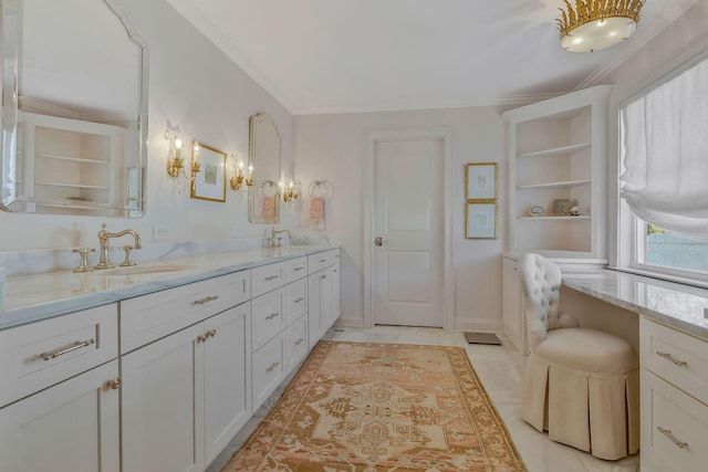 bathroom with tile patterned flooring, vanity, and ornamental molding