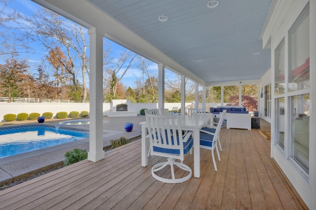 210 Green Rd, Franklin, TN 37069 - wooden terrace featuring an in-ground hot tub, outdoor lounge area, a fenced backyard, and a patio