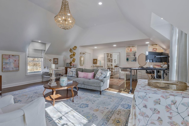 210 Green Rd, Franklin, TN 37069 - living area featuring vaulted ceiling, wood finished floors, recessed lighting, and a chandelier