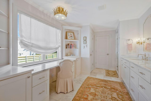 210 Green Rd, Franklin, TN 37069 - bathroom featuring vanity, crown molding, a chandelier, and marble finish flooring