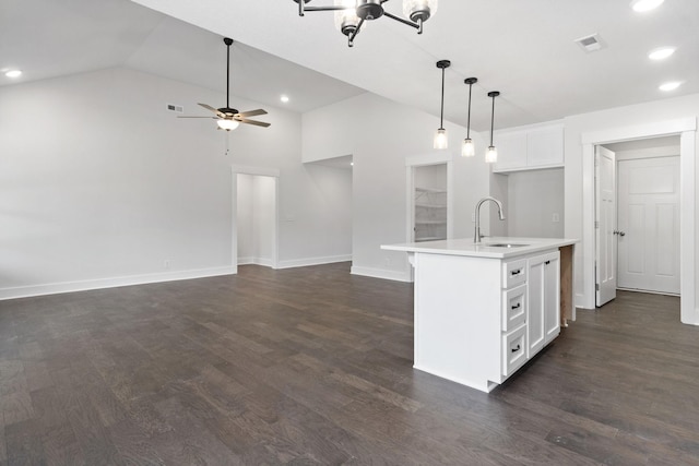 kitchen featuring white cabinets, a kitchen island with sink, dark wood-type flooring, and sink