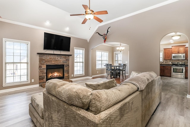 living room with a healthy amount of sunlight, wood-type flooring, lofted ceiling, and a fireplace