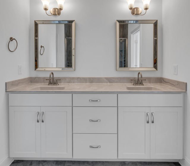 bathroom with double vanity, a sink, and a shower with curtain