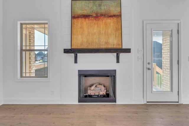 details with a fireplace, baseboards, and wood finished floors